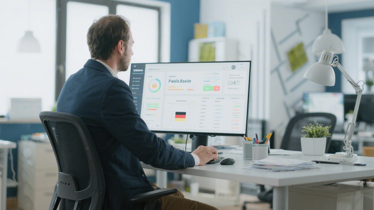 Professional payroll analyst reviewing interactive German payslip dashboard on widescreen monitor inside bright Berlin office with modern fintech aesthetics and confident data-driven posture